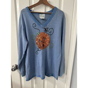 Quacker Factory Women’s Sweater Size XL Blue Halloween Pumpkin Spider Beaded
